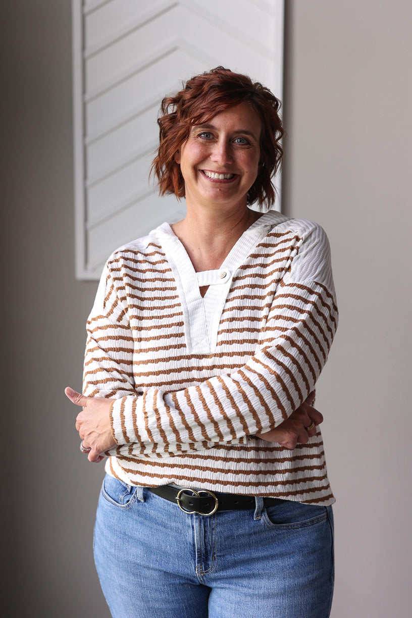 Khaki Stripe Textured Hooded V-Neck Top