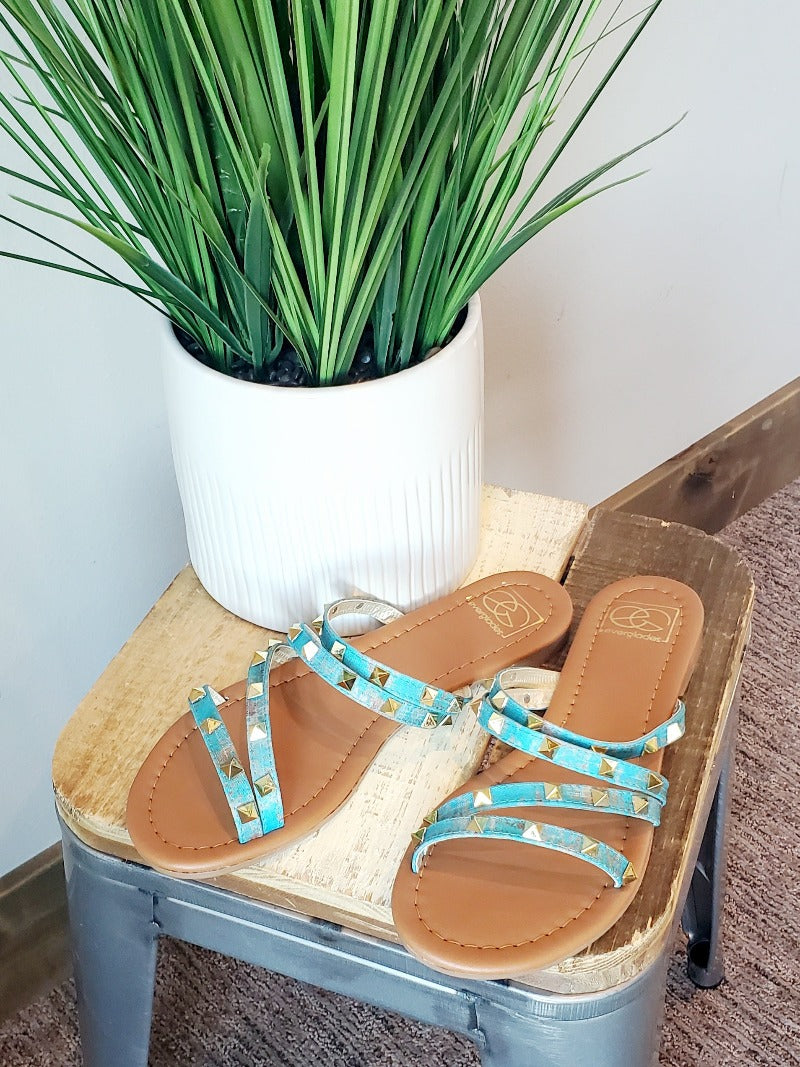 Rusted Turquoise Studded Slide Sandals for Summer Classy Closet Boutique Modest Clothing for Women Near Me