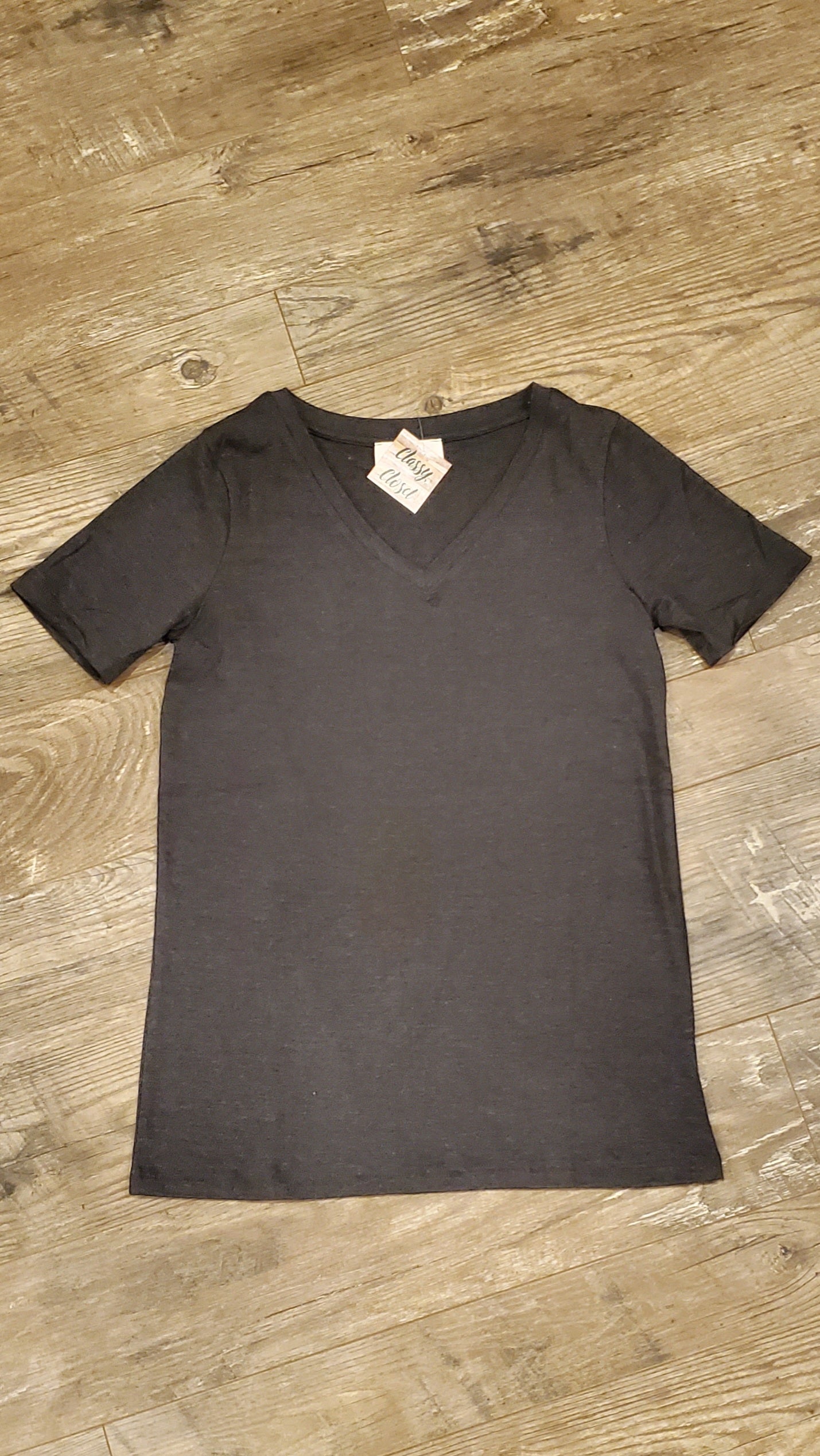 Charcoal V-Neck Short Sleeve Top Women's Modest Apparel at Classy Closet Online Boutique Near Me
