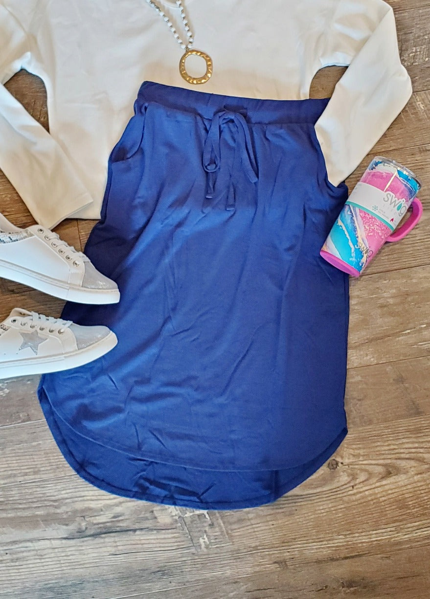 Royal Blue Elastic Waist Self Tie Hi-Low Hem Pocket Midi Skirt Classy Closet WOmen's Modest CLothing Boutique Near Me USA