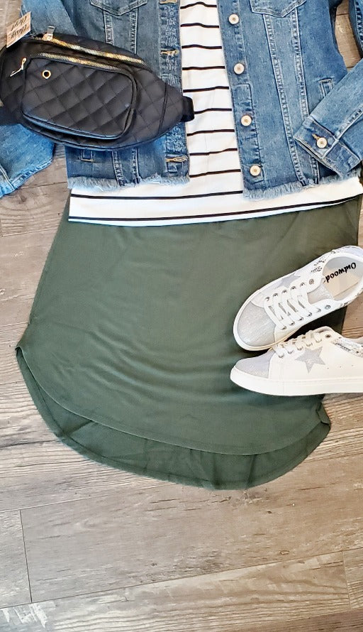 Olive Elastic Waist Self Tie Hi-Low Hem Midi Skirt Classy Closet Modest Boutique Near Me for Women