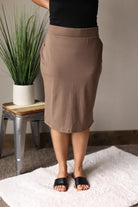 MOCHA BUTTER SOFT BELOW KNEE LENGTH MIDI PENCIL SKIRT AT CLASSY CLOSET ONLINE SKIRT BOUTIQUE NEAR ME