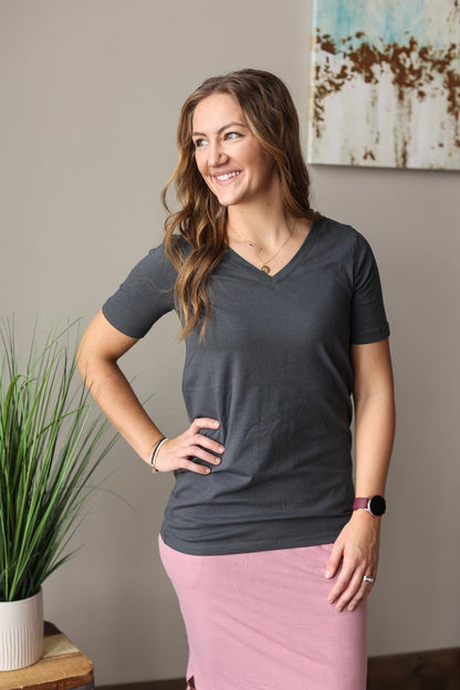 Ash Grey V-Neck Short Sleeve Boutique Basic Layering Top for Women Fashion at Classy Closet BOutique Near Me