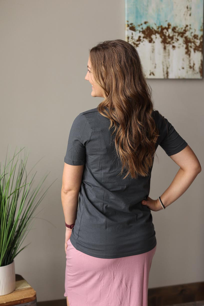 Ash Grey V-Neck Short Sleeve Boutique Basic Layering Top for Women Fashion at Classy Closet BOutique Near Me