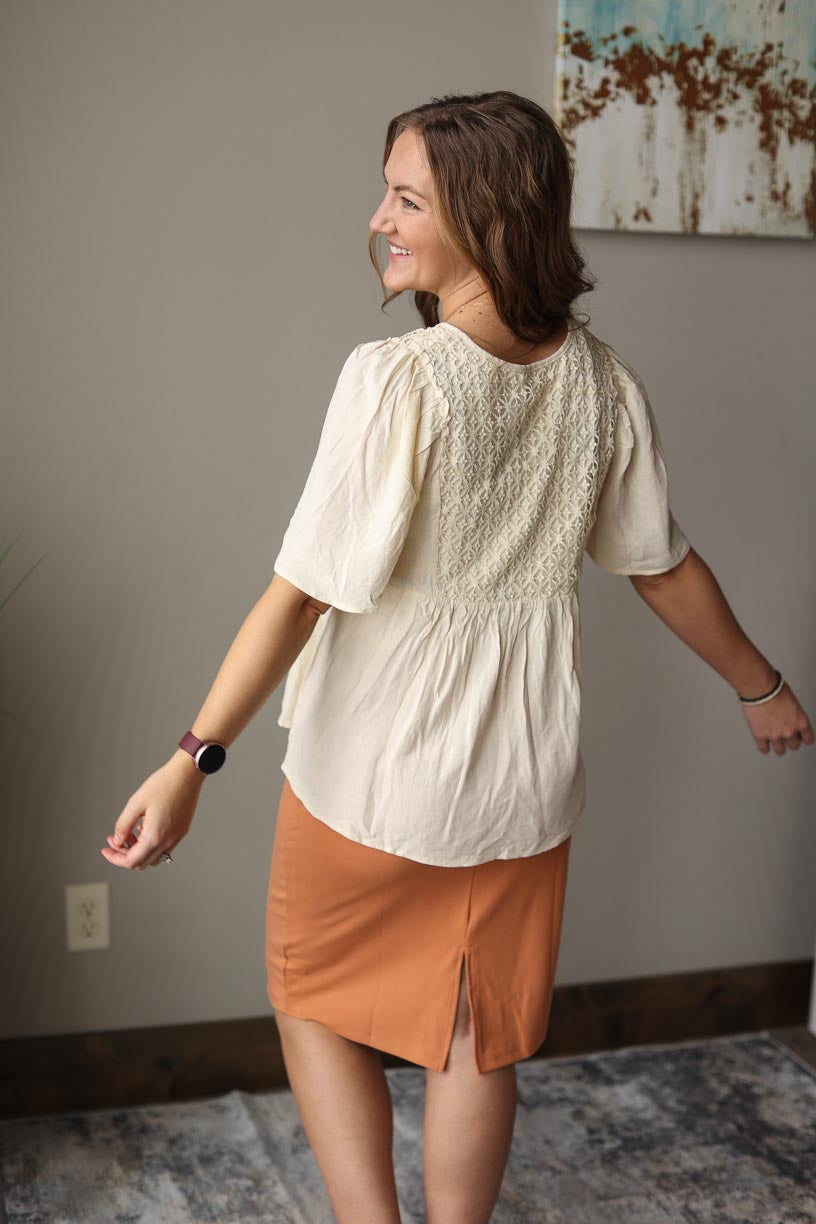 Beige Boho Look V-Neck Crochet Detail Top Smart Work Outfit Business Casual Outfit Church Outfits for Women at Classy CLoset Boutique