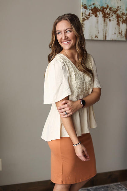 Beige Boho Look V-Neck Crochet Detail Top Smart Work Outfit Business Casual Outfit Church Outfits for Women at Classy CLoset Boutique