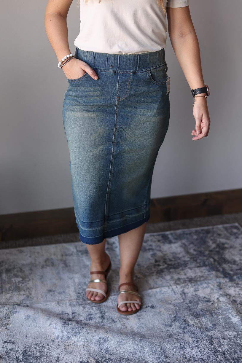 Bella Elastic Waist Vintage Midi Denim Skirt Modest Apparel for Women at Classy Closet Boutique