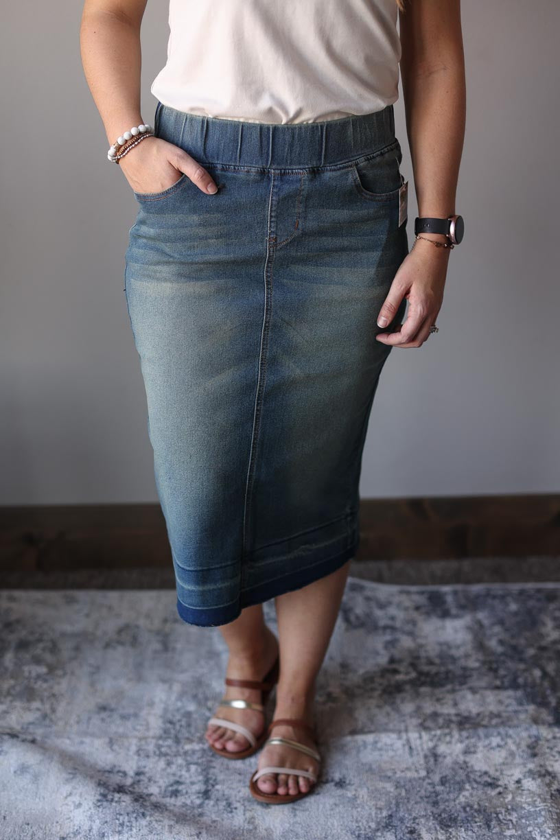 Bella Elastic Waist Vintage Midi Denim Skirt Modest Apparel for Women at Classy Closet Boutique