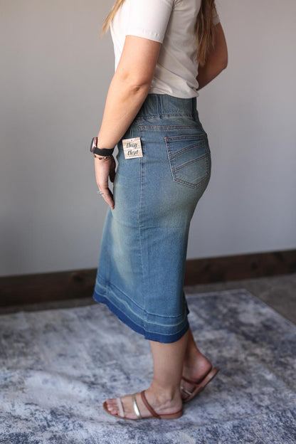 Bella Elastic Waist Vintage Midi Denim Skirt Modest Apparel for Women at Classy Closet Boutique