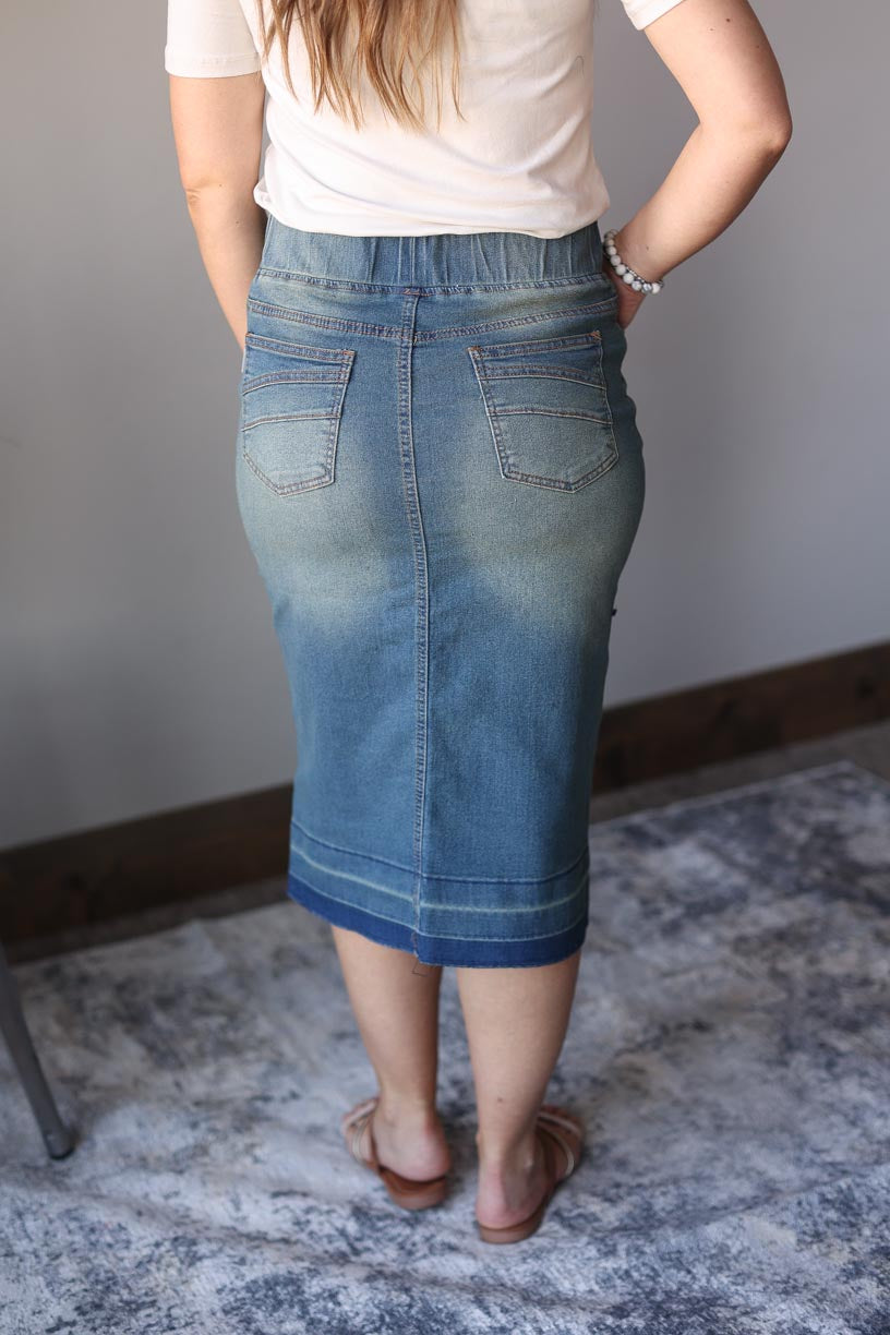 Bella Elastic Waist Vintage Midi Denim Skirt Modest Apparel for Women at Classy Closet Boutique