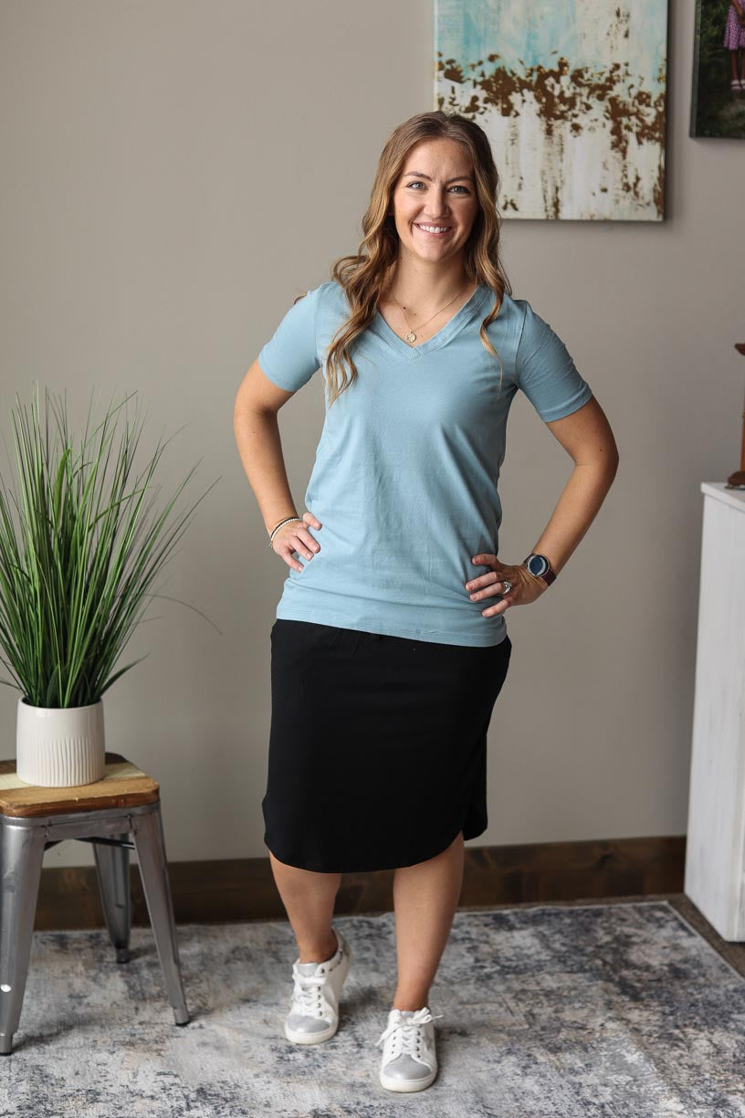 Blue Grey V-Neck Short Sleeve Boutique Basic Layering Top for Women's Modest Fashion at CLassy Closet Boutique Near ME
