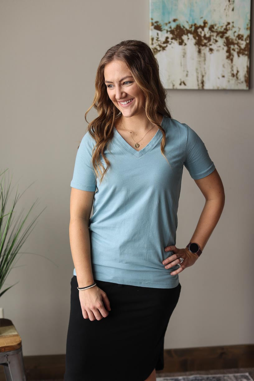 Blue Grey V-Neck Short Sleeve Boutique Basic Layering Top for Women's Modest Fashion at CLassy Closet Boutique Near ME