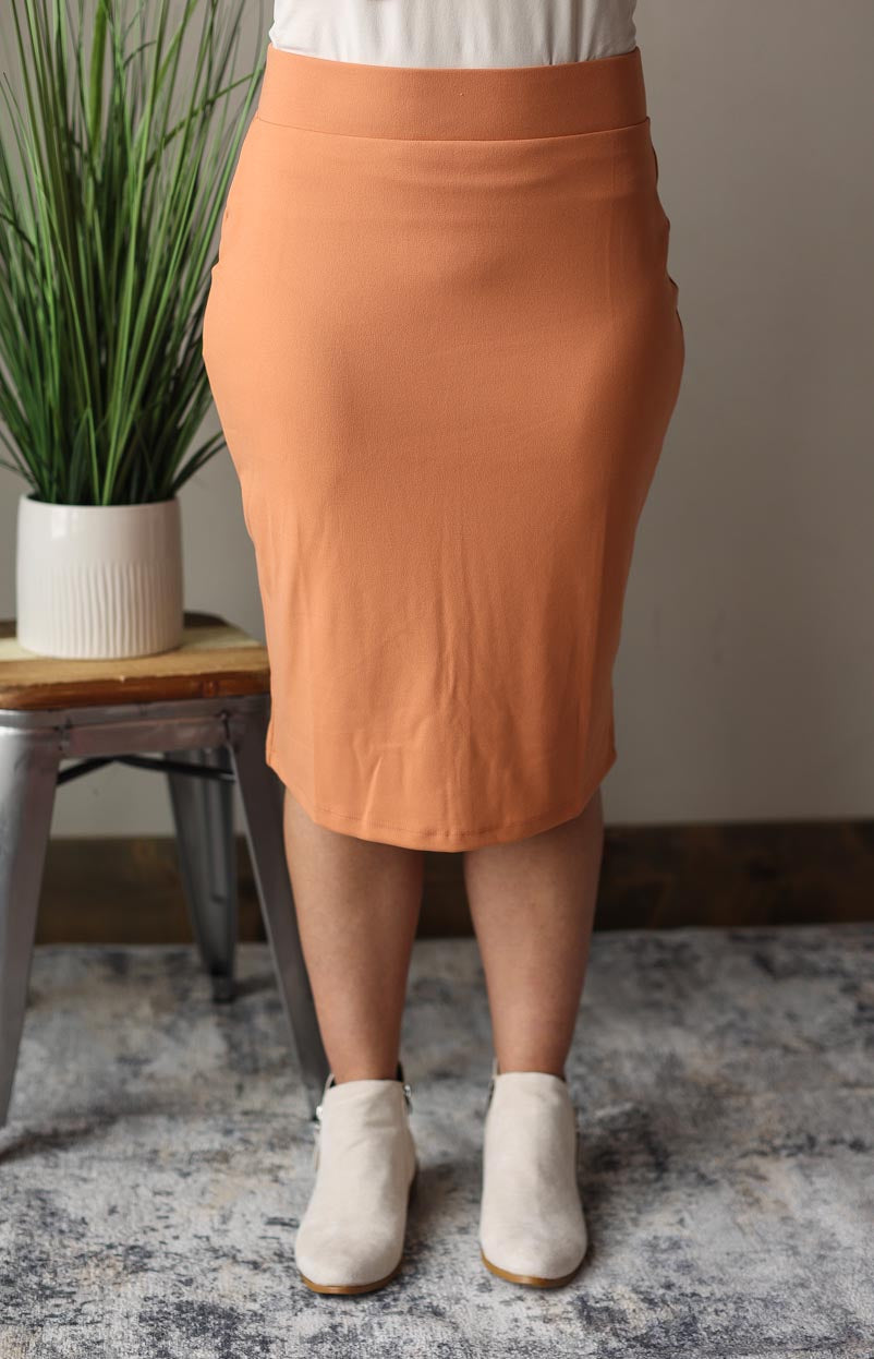 Stretch Popular Knit Pencil Skirts in a BUTTER SOFT Material - Soft Orange for Business Casual or Church Outfits at Classy CLoset Online Women's Boutique