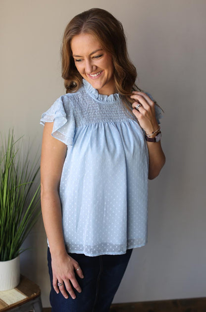 SWISS DOT BABY BLUE SMOCK RUFFLE TOP FOR WOMEN SPRING SUMMER OUTFITS CLASSY CLOSET BOUTIQUE NEAR ME