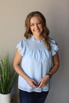 SWISS DOT BABY BLUE SMOCK RUFFLE TOP FOR WOMEN SPRING SUMMER OUTFITS CLASSY CLOSET BOUTIQUE NEAR ME