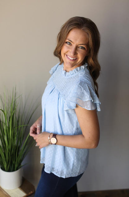 SWISS DOT BABY BLUE SMOCK RUFFLE TOP FOR WOMEN SPRING SUMMER OUTFITS CLASSY CLOSET BOUTIQUE NEAR ME