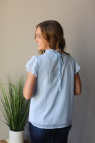 SWISS DOT BABY BLUE SMOCK RUFFLE TOP FOR WOMEN SPRING SUMMER OUTFITS CLASSY CLOSET BOUTIQUE NEAR ME