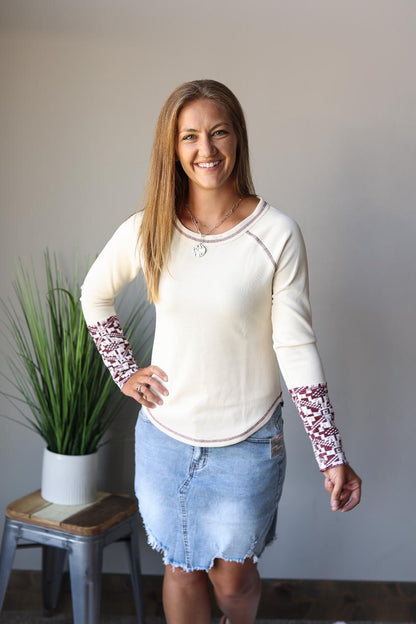 BEIGE PLUM THERMAL WAFFLE CONTRAST AZTEC TOP CLASSY CLOSET ONLINE BOUTIQUE NEAR ME FOR MODEST WOMEN'S CLOTHING