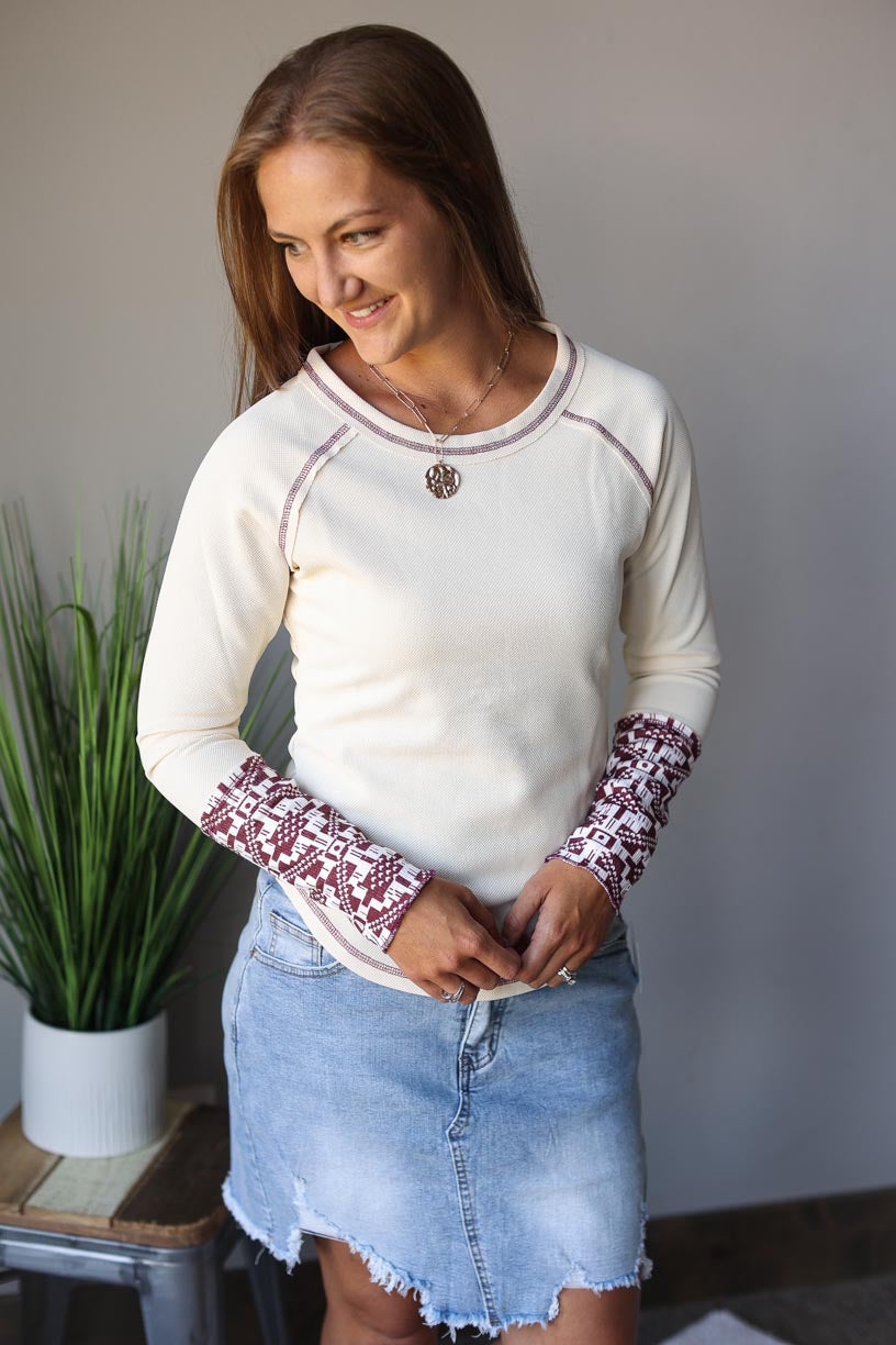 BEIGE PLUM THERMAL WAFFLE CONTRAST AZTEC TOP CLASSY CLOSET ONLINE BOUTIQUE NEAR ME FOR MODEST WOMEN'S CLOTHING