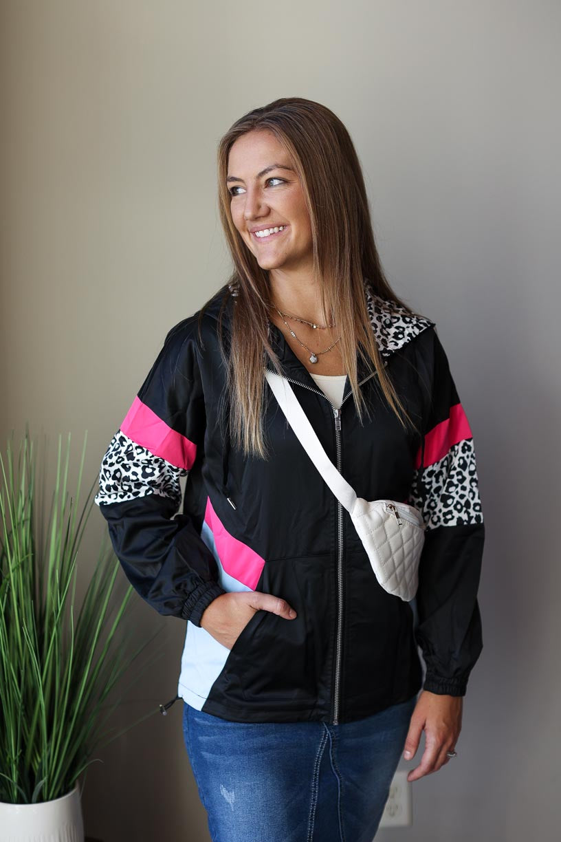 Black Leopard Pink Colorblock Hooded Jacket Classy Closet Online Boutique for Women's Modest Clothing