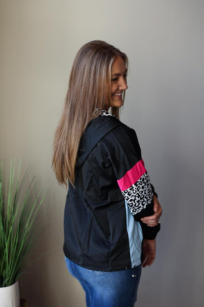 Black Leopard Pink Colorblock Hooded Jacket Classy Closet Online Boutique for Women's Modest Clothing
