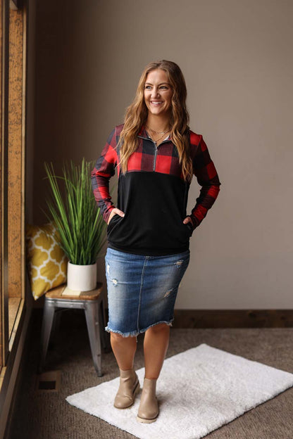Black Contrast Buffalo Plaid Quarter Zip Top • S-2XL PLUS Women's Winter Outfits Classy Closet Boutique Near Me