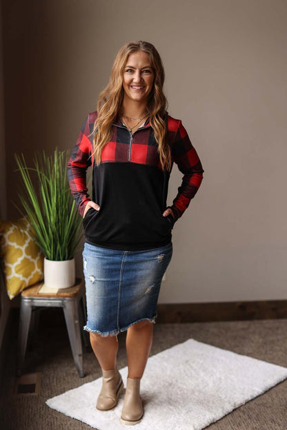 Black Contrast Buffalo Plaid Quarter Zip Top • S-2XL PLUS Women's Winter Outfits Classy Closet Boutique Near Me