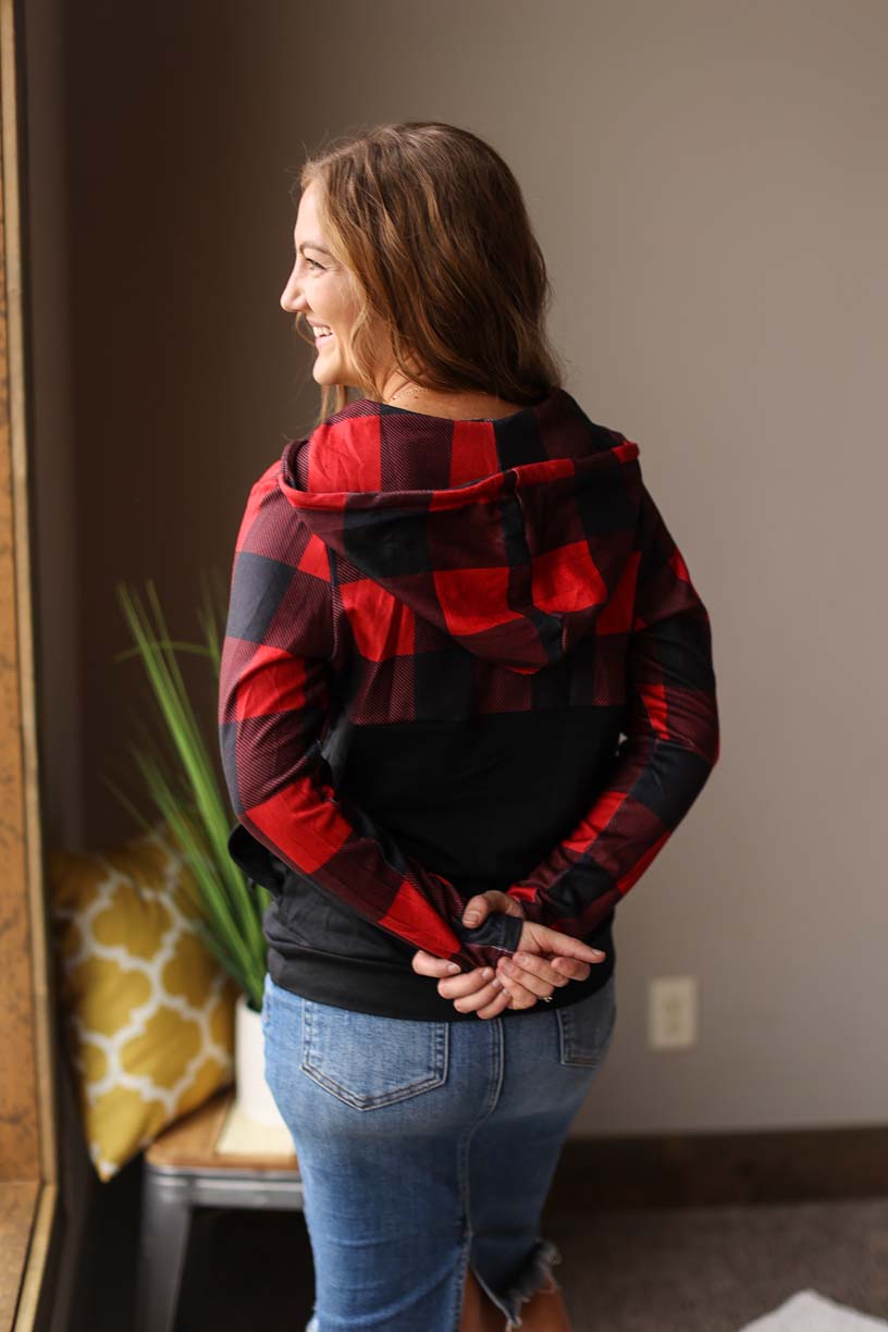 Black Contrast Buffalo Plaid Quarter Zip Top • S-2XL PLUS Women's Winter Outfits Classy Closet Boutique Near Me