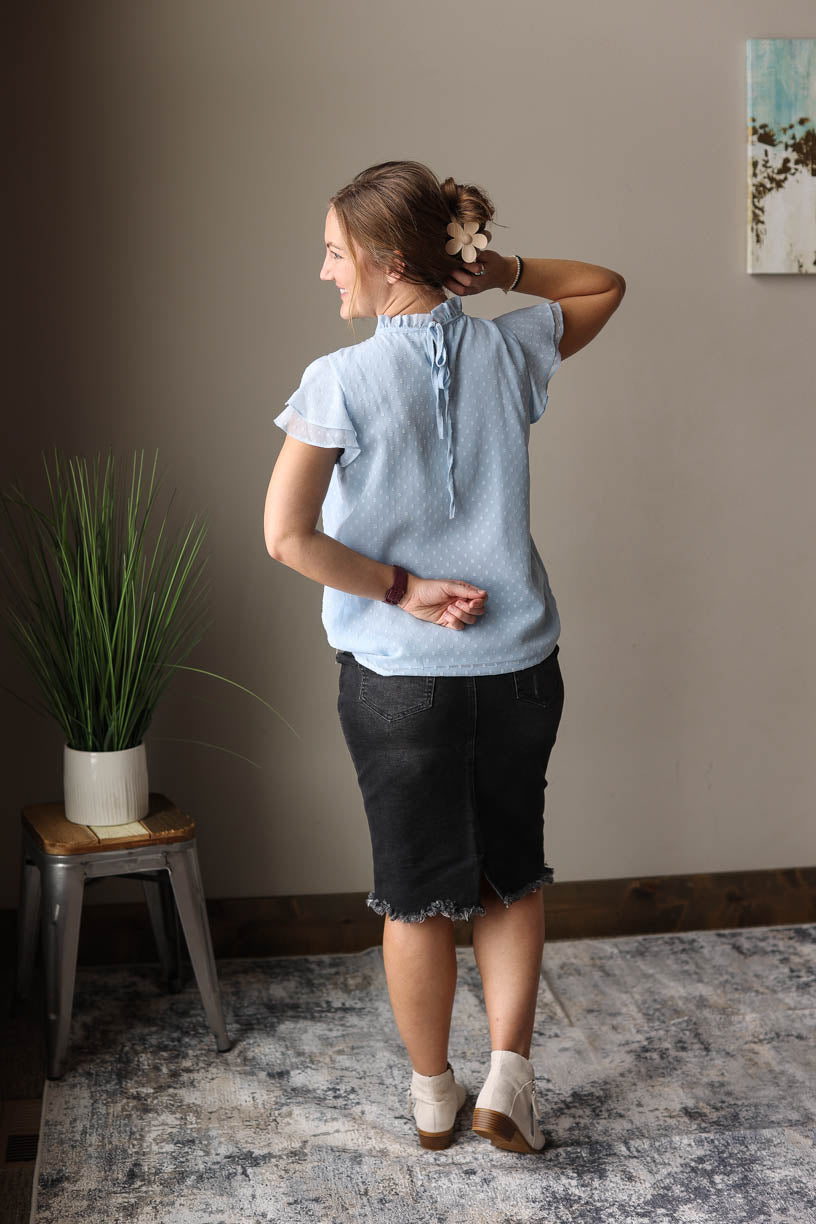 SWISS DOT BABY BLUE SMOCK RUFFLE TOP FOR WOMEN SPRING SUMMER OUTFITS CLASSY CLOSET BOUTIQUE NEAR ME