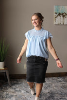 SWISS DOT BABY BLUE SMOCK RUFFLE TOP FOR WOMEN SPRING SUMMER OUTFITS CLASSY CLOSET BOUTIQUE NEAR ME
