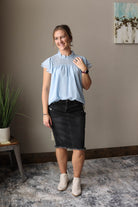 SWISS DOT BABY BLUE SMOCK RUFFLE TOP FOR WOMEN SPRING SUMMER OUTFITS CLASSY CLOSET BOUTIQUE NEAR ME