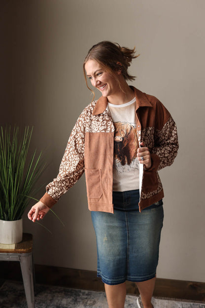BROWN ANIMAL COLORBLOCK CORDUROY JACKET CLASSY CLOSET ONLINE BOUTIQUE FOR WOMEN'S MODEST Spring Outfit