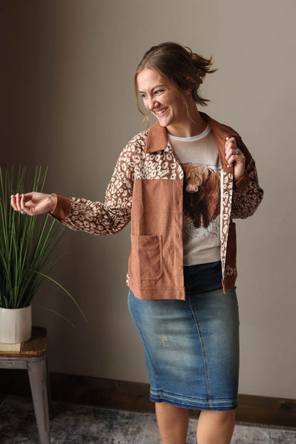 BROWN ANIMAL COLORBLOCK CORDUROY JACKET CLASSY CLOSET ONLINE BOUTIQUE FOR WOMEN'S MODEST Spring Outfit