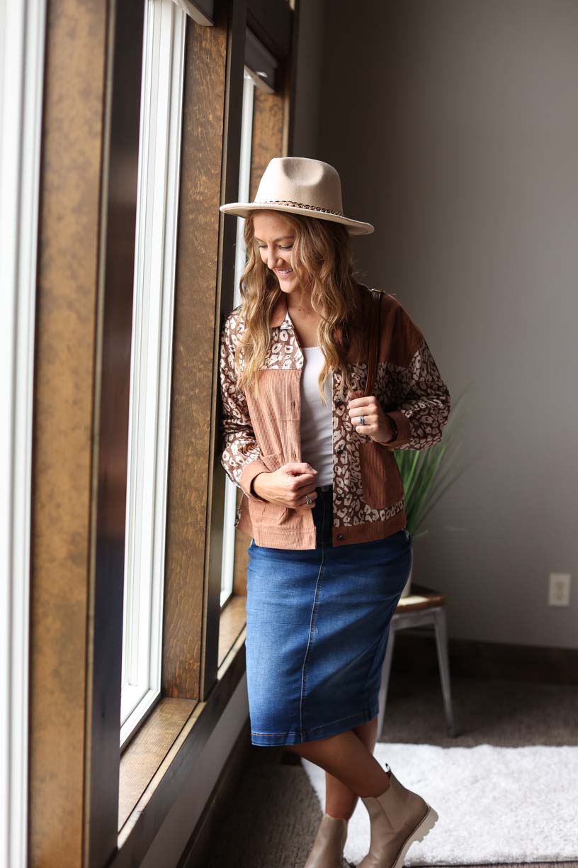 BROWN ANIMAL COLORBLOCK CORDUROY JACKET CLASSY CLOSET ONLINE BOUTIQUE FOR WOMEN'S MODEST FEMININE STYLE
