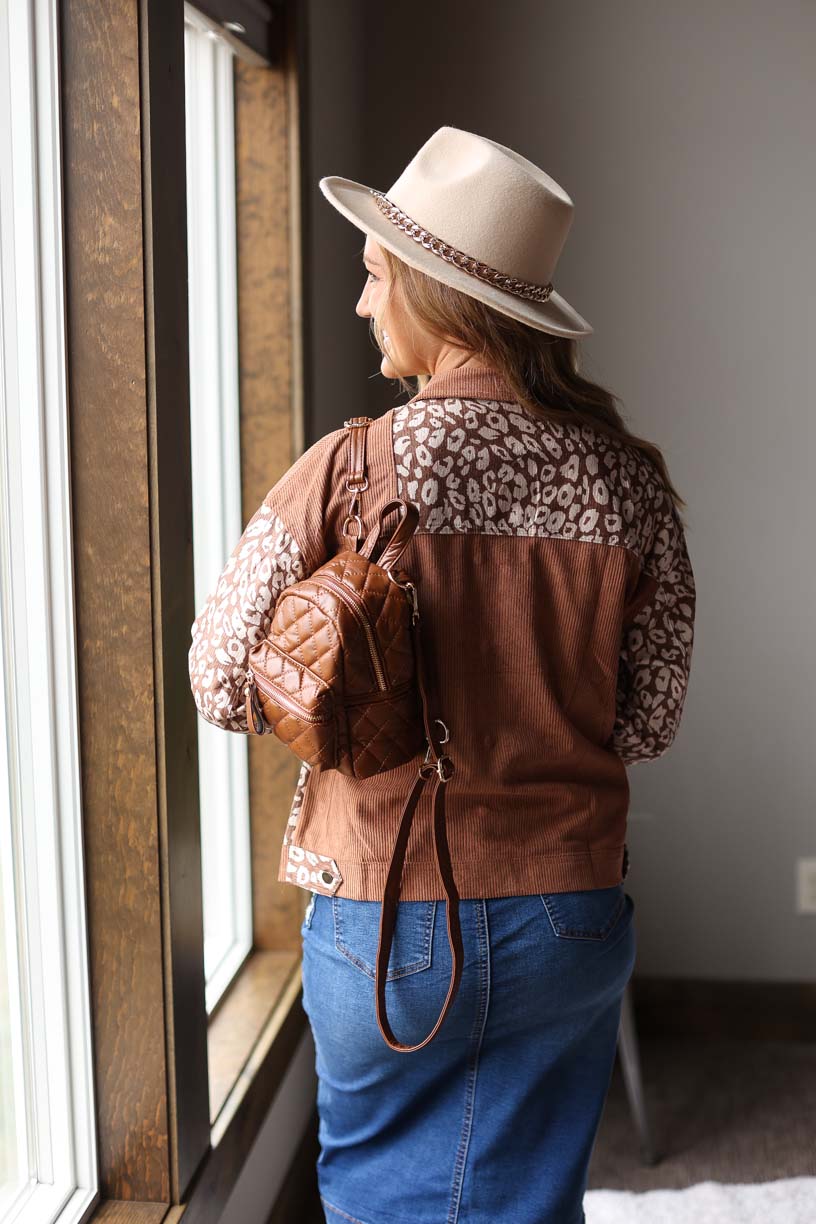 BROWN ANIMAL COLORBLOCK CORDUROY JACKET CLASSY CLOSET ONLINE BOUTIQUE FOR WOMEN'S MODEST FEMININE STYLE