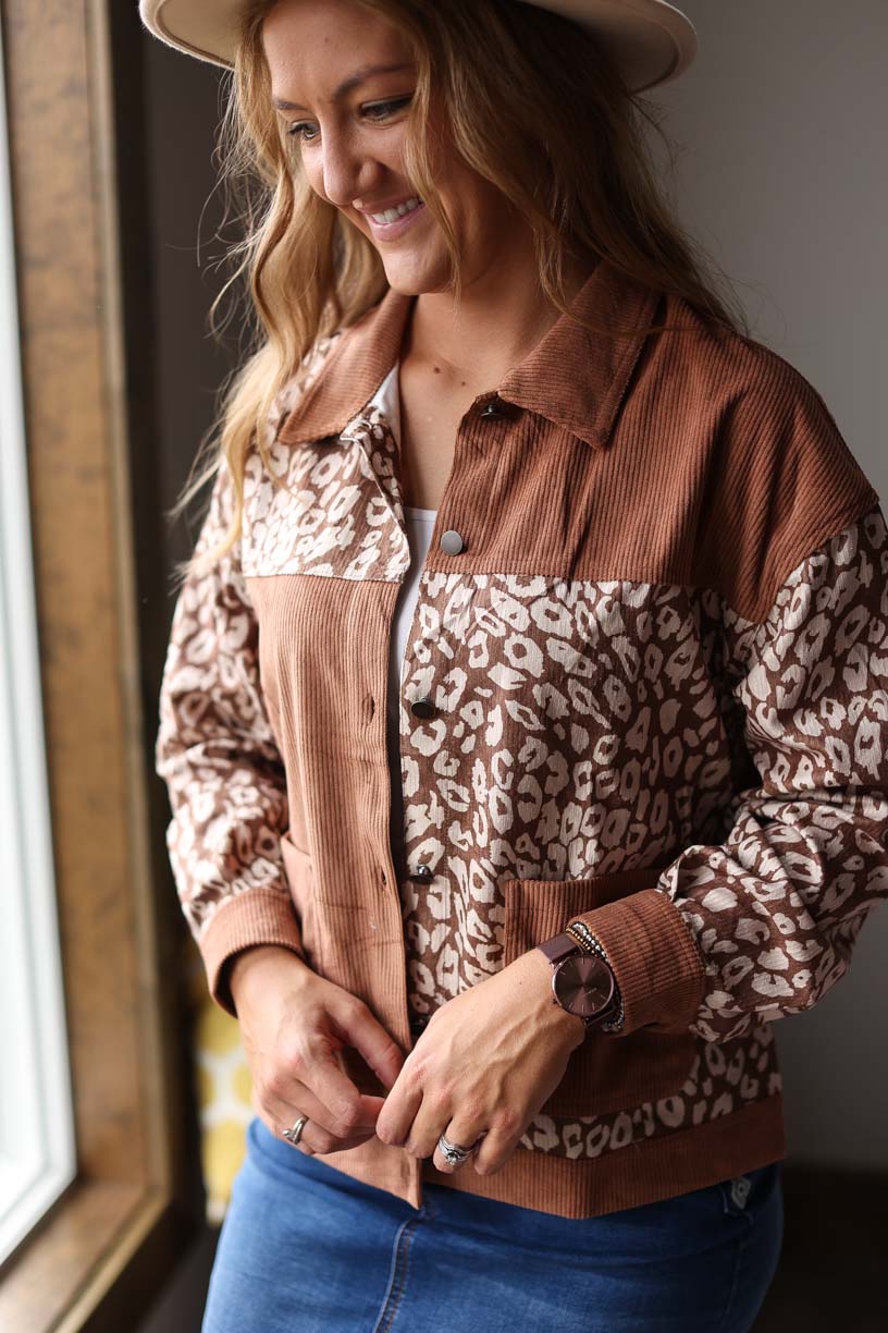 BROWN ANIMAL COLORBLOCK CORDUROY JACKET CLASSY CLOSET ONLINE BOUTIQUE FOR WOMEN'S MODEST FEMININE STYLE
