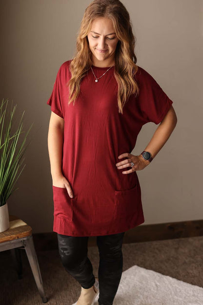 Red Relaxed Pocket Style Short Sleeve Top Trendy Cute Clothes at Classy Closet Boutique for Women's Tops Near Me