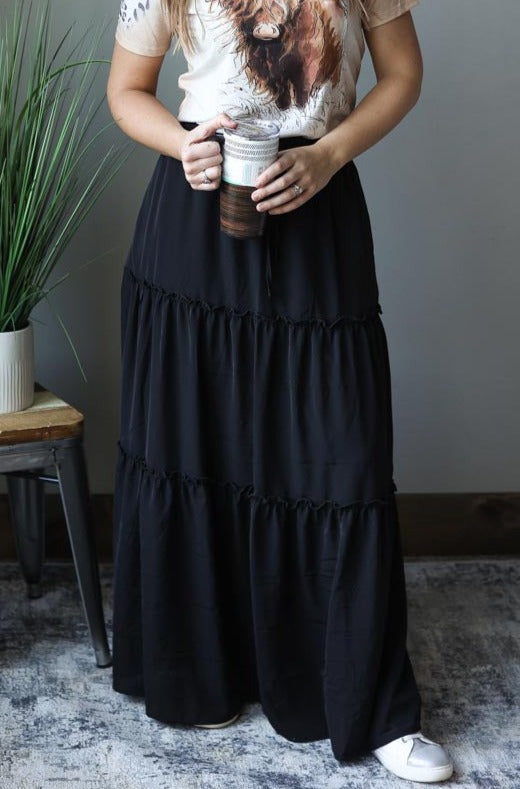 Black Tiered Maxi Skirt for Active Lifestyles Christian Fashion at Classy Closet Online Modest Boutique Near Me Iowa