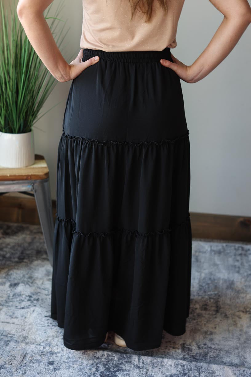 Black Tiered Maxi Skirt for Active Lifestyles Christian Fashion at Classy Closet Online Modest Boutique Near Me Iowa