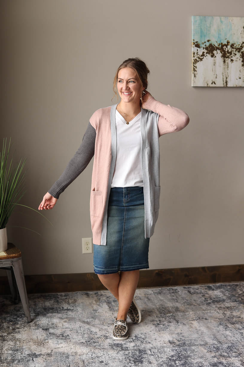 Madison Distressed Midi Denim Skirt for Women's Modest Denim Skirts at Classy Closet Boutique Near Me