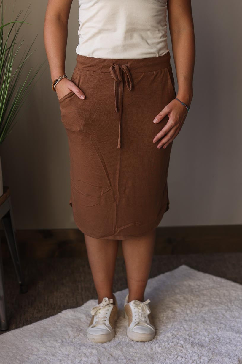 Deep Camel Casual Knee Length Skirt with Pockets Classy Closet Online Skirt Boutique for Women's Modest Clothing