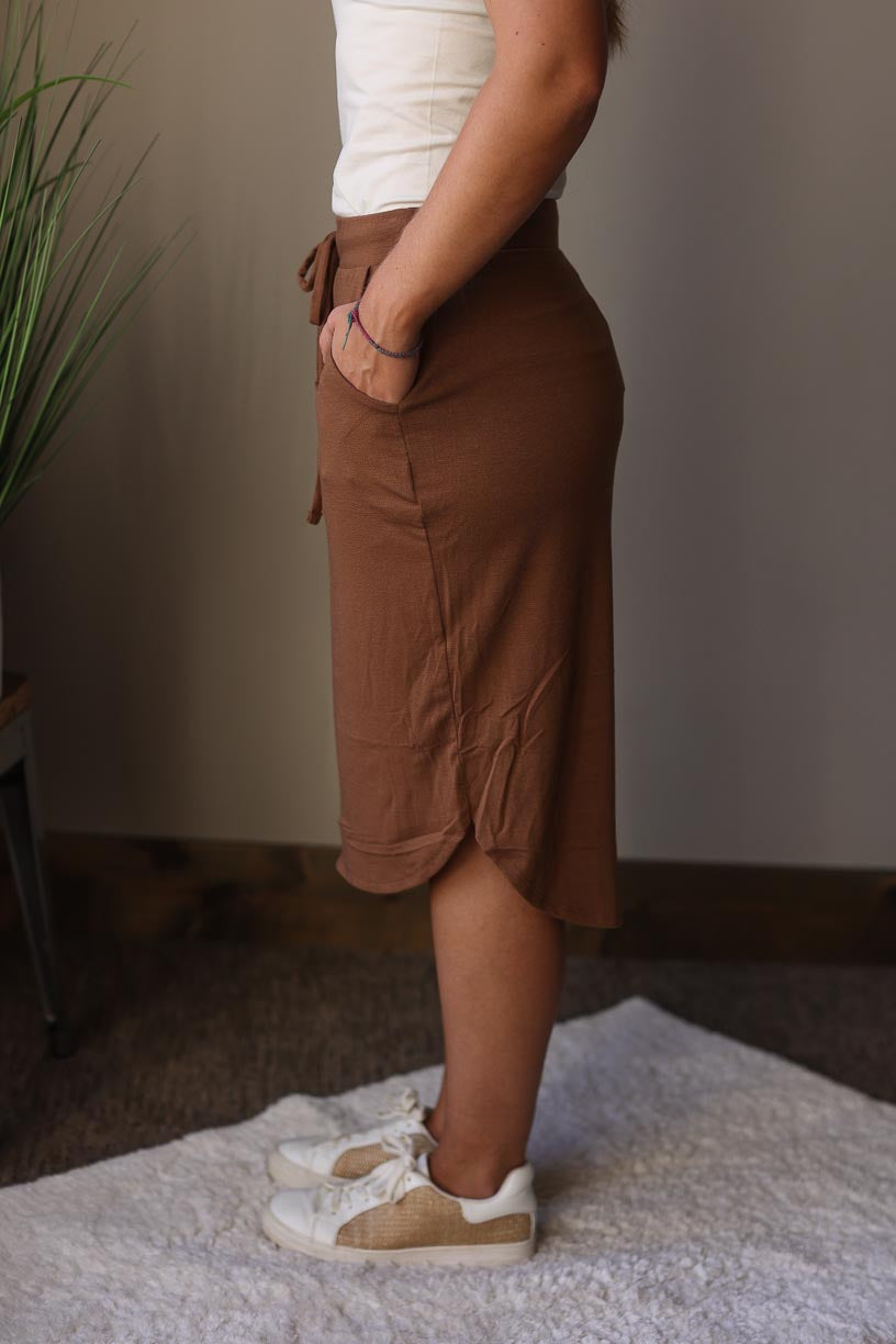 Deep Camel Casual Knee Length Skirt with Pockets Classy Closet Online Skirt Boutique for Women's Modest Clothing