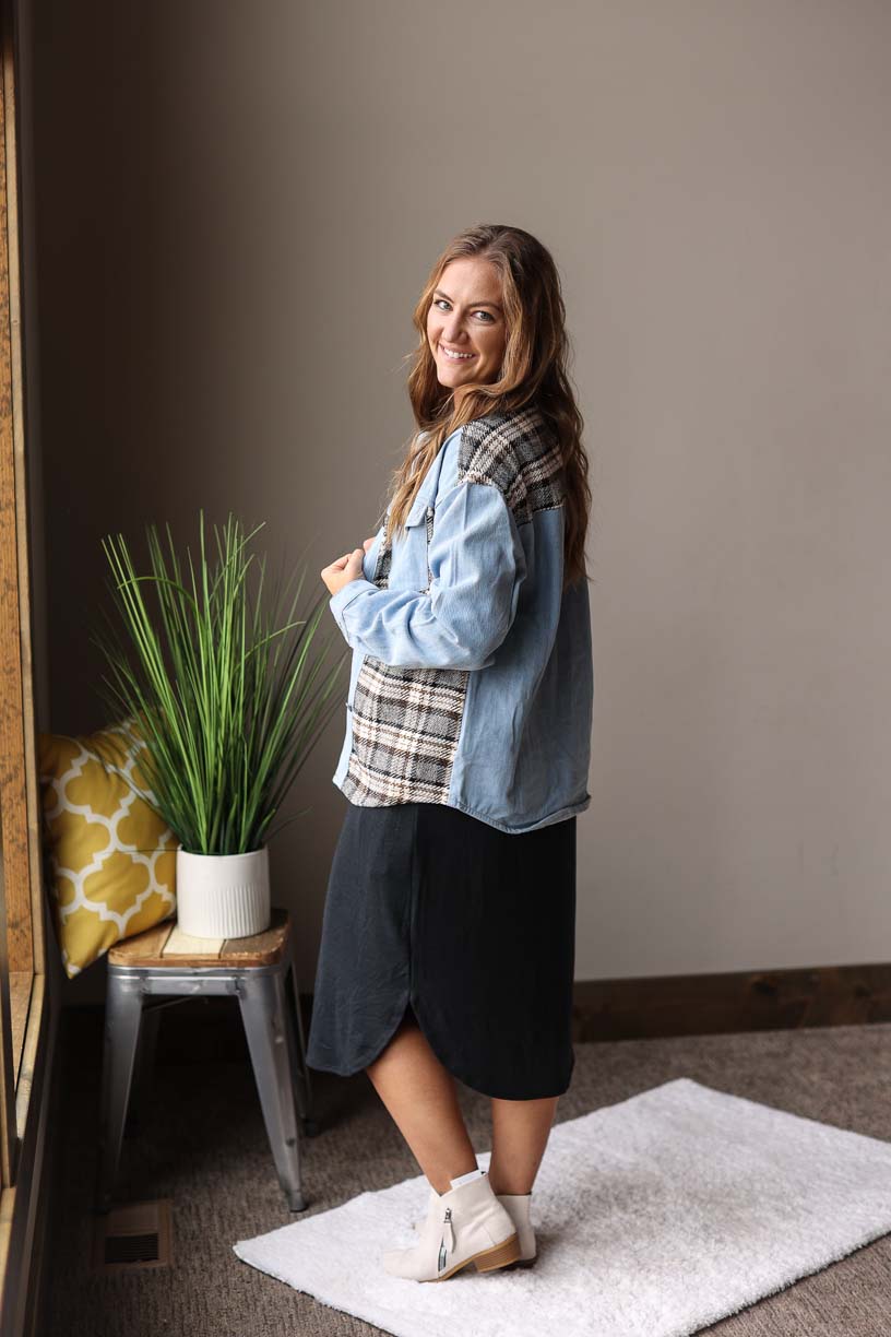 Blue Plaid Patchwork Denim Jacket Women's Modest Clothing Classy Closet Online Boutique Near Me