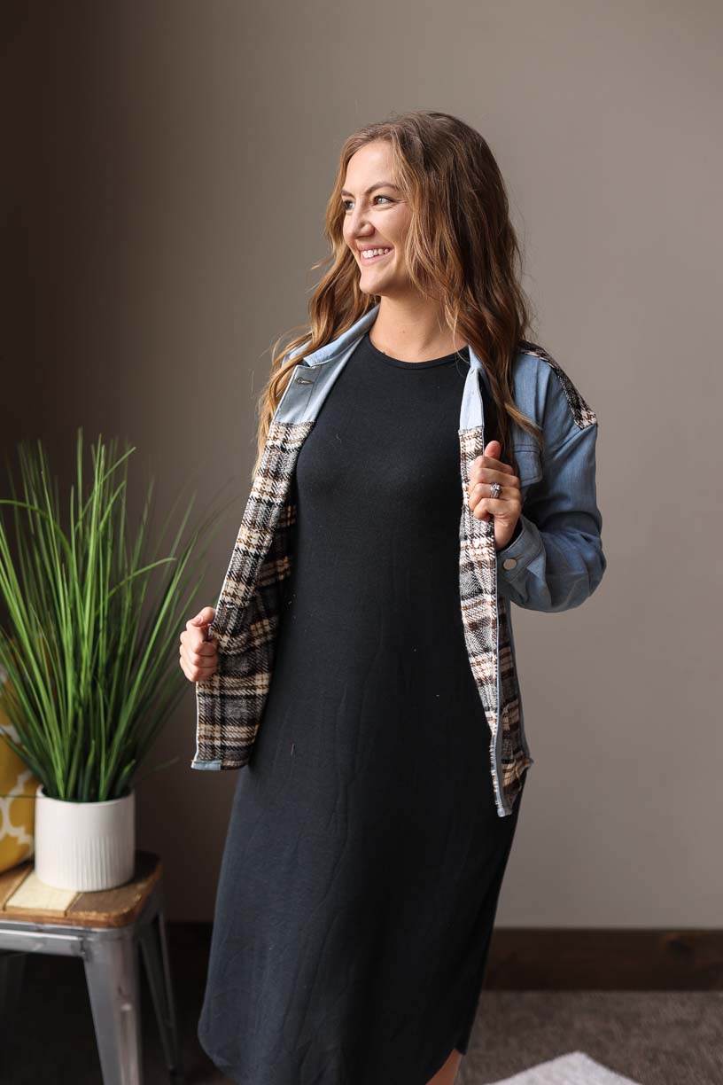 Blue Plaid Patchwork Denim Jacket Women's Modest Clothing Classy Closet Online Boutique Near Me