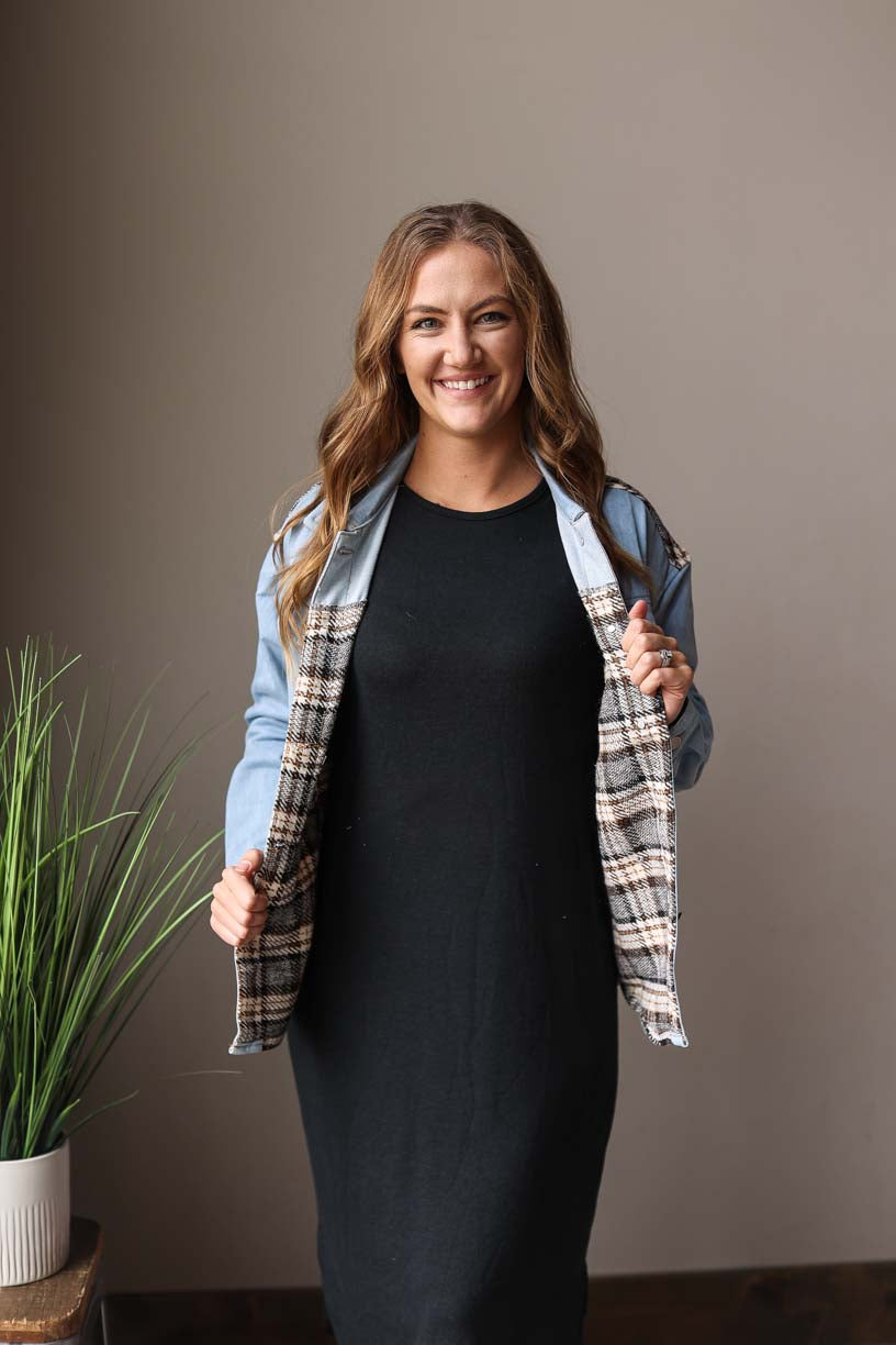 Blue Plaid Patchwork Denim Jacket Women's Modest Clothing Classy Closet Online Boutique Near Me