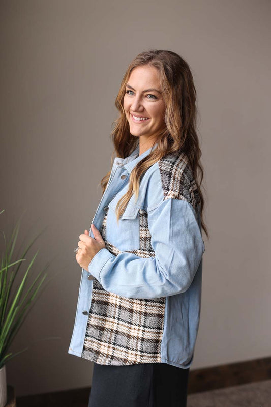 Blue Plaid Patchwork Denim Jacket Women's Modest Clothing Classy Closet Online Boutique Near Me