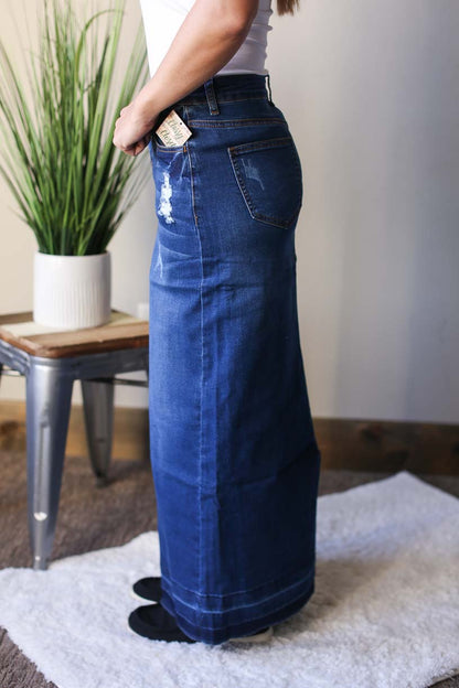 Distressed Long Denim Skirt with Stretch Classy Closet Online Boutique Near Me