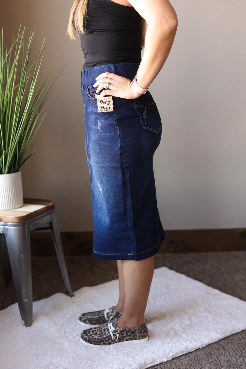 Elastic Waist Distressed Stretch Denim Skirt Classy Closet Online