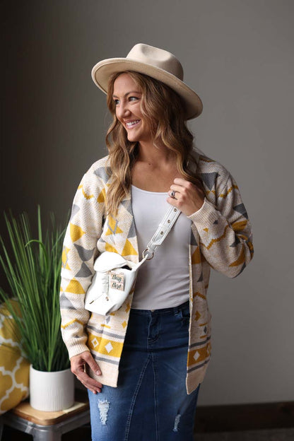 MUSTARD GREY GEOMETRIC OPEN CARDIGAN SWEATER FOR WINTER OUTFITS CLASSY CLOSET ONLINE BOUTIQUE FOR MODEST CLOTHING FASHIONS