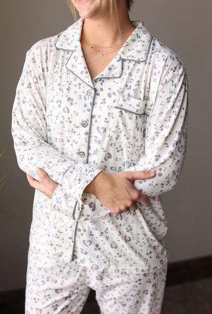 White Leopard Print Long Sleeve Pajama Lounge Set Classy Closet Online Boutique Near me
